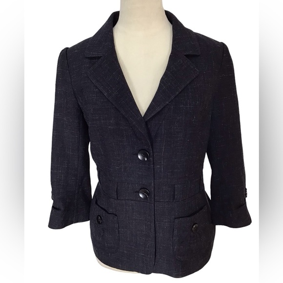 Classiques Entier Dark Blue Wool Linen Lined 3/4 Sleeve Blazer Jacket Size 8 - Picture 1 of 7